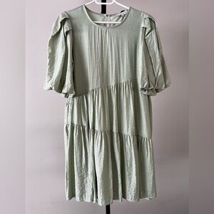 Moon River Bubble Sleeve Tiered Mini Dress in Sage Green, Size Small.